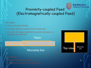 Advantages:
Ø Allows for planar feeding
Ø Less line radiation compared to microstrip feed
Ø Can allow for higher bandwidth (no probe inductance, so
substrate can be thicker)
Disadvantages:
Ø Requires multilayer fabrication
Ø Alignment is important for input match
Patch
Microstrip line
Proximity-coupled Feed
(Electromagnetically-coupled Feed)
Top view
Microstrip
line
56
 