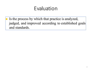 Evaluation
47
◼ Is the process by which that practice is analyzed,
judged, and improved according to established goals
and standards.
 