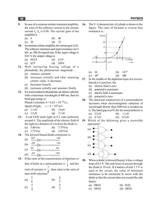 PHYSICS
96
9. In case ofa common emitter transistor amplifier,
the ratio of the collector current to the emitter
current Ic /Ie is 0.96. The current gain of the
amplifier is
(a) 6 (b) 48
(c) 24 (d) 12
10. Incommonemitter amplifier,thecurrentgain is62.
Thecollector resistanceandinputresistance are5
kW an 500 W respectively. If the input voltage is
0.01 V, the output voltage is
(a) 0.62V (b) 6.2V
(c) 62V (d) 620V
11. With increasing biasing voltage of a
photodiode, the photocurrent magnitude :
(a) remains constant
(b) increases initially and after attaining
certain value, it decreases
(c) Increases linearly
(d) increases initially and saturates finally
12. Ifa semiconductor photodiodecan detect a photon
with a maximum wavelength of 400 nm, then its
band gap energy is:
Planck's constant, h = 6.63 × 10–34 J.s.
Speed of light, c = 3 × 108 m/s
(a) 1.1eV (b) 2.0eV
(c) 1.5eV (d) 3.1eV
13. A red LED emits light at 0.1 watt uniformly
around it. The amplitude of the electric field of
the light at a distance of 1 m from the diode is :
(a) 5.48V/m (b) 7.75V/m
(c) 1.73V/m (d) 2.45V/m
14. The forward biased diode connection is:
(a)
+2V –2V
(b)
–3V –3V
(c)
2V 4V
(d)
–2V +2V
15. If the ratio of the concentration of electrons to
that of holes in a semiconductor is
5
7
and the
ratio of currents is
4
7
, then what is the ratio of
their drift velocities?
(a)
8
5
(b)
5
4
(c)
4
5
(d)
7
4
16. The V–I characteristic ofa diode is shown in the
figure. The ratio of forward to reverse bias
resistance is :
I(mA)
20
15
10
–10
1 A
m
.7 .8 V (Volt)
(a) 10 (b) 10–6
(c) 106 (d) 100
17. In the middleof the depletion layer of a reverse-
biased p-n junction, the
(a) electric field is zero
(b) potentialis maximum
(c) electricfield ismaximum
(d) potential is zero
18. The electrical conductivity of a semiconductor
increases when electromagnetic radiation of
wavelength shorter than 2480 nm is incident on
it. The band gap in (eV) for the semiconductor is
(a) 2.5eV (b) 1.1eV
(c) 0.7eV (d) 0.5eV
19. Which of the following gives a reversible
operation?
(a)
(b)
(c)
(d)
20. When a diode is forward biased, it has a voltage
drop of 0.5 V. The safe limit of current through
the diode is 10 mA. If a battery of emf 1.5 V is
used in the circuit, the value of minimum
resistance to be connected in series with the
diode so that the current does not exceed the safe
limitis:
(a) 300W (b) 50 W
(c) 100W (d) 200W
 