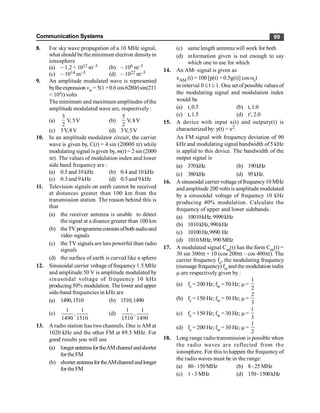 Communication Systems 99
8. For sky wave propagation of a 10 MHz signal,
what should be the minimum electron densityin
ionosphere
(a) ~ 1.2 × 1012 m–3 (b) ~ 106 m–3
(c) ~ 1014 m–3 (d) ~ 1022 m–3
9. An amplitude modulated wave is represented
bytheexpression vm =5(1+0.6 cos6280t)sin(211
× 104t) volts
The minimum and maximum amplitudes ofthe
amplitude modulated wave are, respectively:
(a)
3
2
V, 5V
V (b)
5
2
V, 8V
V
(c) 5V,8V (d) 3V,5V
10. In an amplitude modulator circuit, the carrier
wave is given by, C(t) = 4 sin (20000 pt) while
modulating signal is given by, m(t) = 2 sin (2000
pt). The values of modulation index and lower
side band frequency are :
(a) 0.5 and 10 kHz (b) 0.4 and 10 kHz
(c) 0.3and 9kHz (d) 0.5and 9kHz
11. Television signals on earth cannot be received
at distances greater than 100 km from the
transmission station. The reason behind this is
that
(a) the receiver antenna is unable to detect
the signal at a disance greater than 100 km
(b) theTV programmeconsistsofboth audioand
video signals
(c) the TV signals are less powerful than radio
signals
(d) the surface of earth is curved like a sphere
12. Sinusoidal carrier voltage offrequency1.5 MHz
and amplitude 50 V is amplitude modulated by
sinusoidal voltage of frequency 10 kHz
producing50% modulation. Thelower and upper
side-band frequencies in kHz are
(a) 1490,1510 (b) 1510,1490
(c)
1 1
,
1490 1510
(d)
1 1
,
1510 1490
13. A radio station has two channels. One is AM at
1020 kHz and the other FM at 89.5 MHz. For
good results you will use
(a) longerantennafortheAMchannelandshorter
fortheFM
(b) shorterantennafortheAMchannelandlonger
fortheFM
(c) same length antenna will work for both
(d) information given is not enough to say
which one to use for which
14. An AM- signal is given as
xAM (t) = 100 [p(t) + 0.5g(t)] cos wct
in interval 0 £ t £ 1. One set of possible values of
the modulating signal and modulation index
would be
(a) t,0.5 (b) t,1.0
(c) t,1.5 (d) t2
, 2.0
15. A device with input x(t) and outputy(t) is
characterized by: y(t) = x2.
An FM signal with frequency deviation of 90
kHz and modulating signal bandwidth of 5 kHz
is applid to this device. The bandwidth of the
output signal is
(a) 370kHz (b) 190kHz
(c) 380kHz (d) 95kHz.
16. Asinusoidal carrier voltage offrequency10 MHz
and amplitude 200 volts is amplitude modulated
by a sinusoidal voltage of frequency 10 kHz
producing 40% modulation. Calculate the
frequency of upper and lower sidebands.
(a) 10010kHz,9990kHz
(b) 1010kHz, 990kHz
(c) 10100Hz,9990 Hz
(d) 1010MHz, 990MHz
17. A modulated signal Cm(t) has the form Cm(t) =
30 sin 300pt + 10 (cos 200pt – cos 400pt). The
carrier frequency fc, the modulating frequency
(message frequency) fwandthe modulation indix
m are respectively given by :
(a) fc = 200 Hz; fw = 50 Hz; m =
1
2
(b) fc = 150 Hz; fw = 50 Hz; m =
2
3
(c) fc = 150 Hz; fw = 30 Hz; m =
1
3
(d) fc = 200 Hz; fw = 30 Hz; m =
1
2
18. Long range radio transmission is possible when
the radio waves are reflected from the
ionosphere. For this to happen the frequency of
the radio waves must be in the range:
(a) 80- 150MHz (b) 8 - 25 MHz
(c) 1 - 3 MHz (d) 150-1500kHz
 