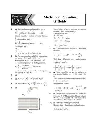 Mechanical Properties of Fluids 131
1. (d) Weight of submerged part of the block
1
W v
3
= (Density of water) g ...(i)
Excess weight, = weight of water having
2
3
volume of the block.
2
W' v
3
= (Densityof water) g ...(ii)
Dividing (ii) by(i),
W ' 2 /3
W 1/3
=
 W ' 2W
= Þ W' 2 6 12 kg
= ´ =
2. (b) Themaximum force, which the bigger piston
can bear, m = 3000 kg, F= 3000 × 9.8 N
Area of piston,A= 425 cm2 = 425 × 10–4 m2
 Maximum pressure on the bigger piston,
P =
F
A
= 4
3000 9.8
425 10,
´
´
= 6.92 × 105 Pa
 The maximum pressure the smaller piston
can bear is 6.92 × 105 Pa.
3. (a)
4. (c) ( )
2 2
2 1 2 1
1
P P v v
2
- = r - = 7500 Nm–2
5. (d) Reynold's no. NR =
vd
r
h
and 2
4Q
V
d
=
p
6. (a)
Qout
h
Qin
Since height of water column is constant
therefore, water inflow rate (Qin
)
= water outflow rate
Qin
= 10–4
m3
s–1
Qout
= Au = 10–4
× 2gh
 10–4
= 10–4
× 20 h
´
 h =
1
20
m= 5cm
7. (c) Volume of 8 small droplets = Volume of 1
big drop
3
3
R
3
4
8
r
3
4
p
=
´
p
Þ 3
/
1
)
8
(
R
r =
Þ
Work done = (Change in area) × surfacetension
= T
)
R
4
n
r
4
( 2
2
p
-
p
= T
R
4
8
)
8
(
R
4 2
3
/
2
2
ï
þ
ï
ý
ü
ï
î
ï
í
ì
p
-
´
÷
÷
ø
ö
ç
ç
è
æ
p = T
R
4 2
p
8. (a) Since, soap film has two free surfaces, so
total length ofthefilm = 2l=2 ×30=60 cm=0.6
m.
Total force on the slider due to surface tension,
F = S × 2l= S × 0.6 N
In equilibrium, F = mg
 S × 0.6= 1.5 ×10–2 Þ S =
2
1.5 10
0.6
,
´
= 2.5
×10–2 Nm–1
9. (a) Weight of the liquid column = T cosq × 2pr.
For water q= 0°. Here weight of liquid column
W = 7.5 × 10–4N and T = 6 × 10–2N/m. Then
circumference, 2pr =W/T = 1.25 ×10–2m
10. (b) When the bubble gets detached,
Bouyant force = force due to surface tension
3
4
2 rTsin R g
3
w
p q = p r
CHAPTER
9
Mechanical Properties
of Fluids
 