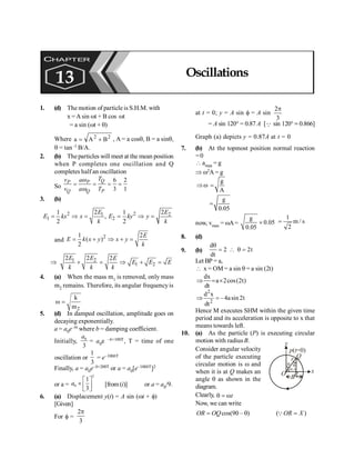 PHYSICS
146
1. (d) The motion of particle is S.H.M. with
x =A sin wt + B cos wt
= a sin (wt + q)
Where 2
2
B
A
a +
= , A = a cosq, B = a sinq,
q = tan–1 B/A.
2. (b) The particles will meet at the mean position
when P completes one oscillation and Q
completes half an oscillation
So
6 2
3 1
Q
P P
Q Q P
T
v a
v a T
w
w
= = = =
3. (b)
2 2
1 2
1 2
2 2
1 1
,
2 2
= Þ = = Þ =
E E
E kx x E ky y
k k
and
2 2
( )
2
1
= + Þ + =
E
E k x y x y
k
1 2
1 2
2 2 2
E E E
E E E
k k k
Þ + = Þ + =
4. (a) When the mass m1 is removed, only mass
m2 remains. Therefore, its angular frequencyis
2
k
m
w =
5. (d) In damped oscillation, amplitude goes on
decaying exponentially.
a = a0e–bt where b = damping coefficient.
Initially, 0
3
a
= a0e –b×100T, T = time of one
oscillation or
1
3
= e–100bT
Finally, a = a0e–b×200T or a = a0[e–100bT]2
or a =
2
0
1
3
é ù
´ ê ú
ë û
a [from(i)] or a = a0/9.
6. (a) Displacement y(t) = A sin (wt + f)
[Given]
For f =
2
3
p
at t = 0; y = A sin f = A sin
2
3
p
= A sin 120° = 0.87 A [Q sin 120° ; 0.866]
Graph (a) depicts y = 0.87A at t = 0
7. (b) At the topmost position normal reaction
=0
 amax = g
Þ w2A = g
g
A
Þw =
g
0.05
=
now, vmax = wA=
g
0.05
0.05
´
1
m / s
2
=
8. (d)
9. (b)
d
2 2t
dt
q
=  q =
Let BP = a,
 x = OM = a sin q = a sin (2t)
dx
a 2cos(2t)
dt
Þ = ´
2
2
d x
– 4asin 2t
dt
Þ =
Hence M executes SHM within the given time
period and its acceleration is opposite to x that
means towards left.
10. (a) As the particle (P) is executing circular
motion with radiusB.
Consider angular velocity
of the particle executing
circular motion is w and
when it is at Q makes an
angle q as shown in the
diagram.
BR
x
y
p t
( =0)
Q
q
q
r
90–q
O
Clearly, t
q = w
Now, we can write
cos(90 – )
OR OQ
= q ( )
OR X
=
Q
CHAPTER
13 Oscillations
 