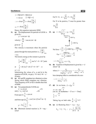 Oscillations 147
sin sin
x OQ OQ t
= q = w
sin
r t
= w [ ]
OQ r
=
Q
2 2
sin sin
30
x B t B t
T
p p
æ ö
 = = ç ÷
è ø
Þ
2
sin
30
x B t
p
æ ö
= ç ÷
è ø
Hence, this equation represents SHM.
11. (a) The displacement of a particle in S.H.M. is
given by :
y= a sin (wt + f)
velocity=
dy
dt
= wa cos (wt + f)
given f=
4
p
The velocity is maximum when the particle
passes through the mean position i.e.,
max
dy
dt
æ ö
ç ÷
è ø
= wa
The kinetic energy at this instant is given by
1
2
m
2
max
dy
dt
æ ö
ç ÷
è ø =
1
2
mw2 a2 = 8 × 10–3 joule
or
1
2
× (0.1) w2 × (0.1)2 = 8 ×10–3 Þ
w= ±4
Substituting the values of a, w and f in the
equation ofS.H.M., we get y= 0.1 sin (± 4t + p /
4)metre.
12. (a) KE and PE completestwovibration in a time
during which SHM completes one vibration.
Thus frequency of PE or KE is double than that
of SHM.
13. (a) Twoperpendicular S.H.Ms are
x = a1 cos wt ....(1)
and y = a2 cos2 wt ....(2)
From eqn (1)
1
x
cos t
a
= w
and from eqn (2)
2
2
y
cos2 t [2cos t –1]
a
= w = w
y =
2
2 2
2a –a
æ ö
ç ÷
è ø
1
x
a
14. (b) Minimum normal reaction is, N = mg –
mAw2
For N = 0,
g A
, T 2
A g
w = = p
For N to be positive, T must be greater than
A
2
g
p
15. (a)
eff
2
= p
l
t
g
; 0 2
= p
l
t
g
Vg
1000
3
4
´
Weight
Buoyant
force 1000 Vg
Net force
4
1 1000 Vg
3
æ ö
= - ´
ç ÷
è ø
1000
Vg
3
=
eff
1000 Vg
4 4
3 1000V
3
= =
´ ´
g
g
2
/ 4
 = p
l
t
g
Þ t = 2t0
16. (b) Equation of displacement is given by x = A
sin(wt + f)
where A = 0
2 2 2
0
( )
w - w
F
m
= 0
2 2
0
( )
w - w
F
m
here damping effect is considered to be zero
2 2
0
1
( )
 µ
w - w
x
m
17. (d) As we know,
–
0
bt
m
E E e
=
Þ
15
–
15 45
=
b
m
e
[As no. of oscillations = 15 so t = 15sec]
15
–
1
3
=
b
m
e
Taking log on both sides
1
n 3
15
= l
b
m
18. (a) (i) Restoring force = –k1x – k2x;
keq = k1 + k2  1 2
1
2
k k
f
m
+
=
p
 