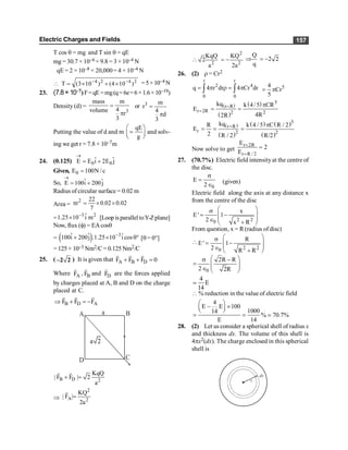 Electric Charges and Fields 157
T cos q = mg and T sin q = qE
mg = 30.7 × 10–6 × 9.8 = 3 ×10–4 N
qE = 2 × 10–8 × 20,000= 4 × 10–4 N
2
4
2
4
)
10
4
(
)
10
3
(
T -
-
´
+
´
=
 =5×10–4 N
23. (7.8× 10–7)F=qE=mg(q=6e=6×1.6×10–19)
Density (d) =
3
mass m
4
volume
r
3
=
p
or 3 m
r
4
d
3
=
p
Putting the value of d and m
qE
g
æ ö
=
ç ÷
è ø
and solv-
ing we get r = 7.8 × 10–7m
24. (0.125) 0 0
ˆ ˆ
E E i 2E j
®
= +
Given, 0
E 100N / c
=
So, ˆ ˆ
E 100i 200j
®
= +
Radius of circular surface = 0.02 m
Area =
2 22
r 0.02 0.02
7
p = ´ ´
=
3 2
ˆ
1.25 10 i m
-
´ [LoopisparalleltoY-Zplane]
Now, flux (f) = EAcosq
= ( ) 3
ˆ ˆ ˆ
100i 200j .1.25 10 i cos
-
+ ´ q° [q= 0°]
= 125 × 10–3 Nm2/C= 0.125 Nm2/C
25. ( –2 2 ) It is given that A B D
F F F 0
+ + =
r r r
Where A
F
r
, B
F
r
and D
F
r
are the forces applied
by charges placed at A, B and D on the charge
placed at C.
B D A
F F F
Þ + = -
r r r
A a B
D C
a 2
B D 2
KqQ
| F F | 2
a
+ =
r r
Þ
2
A 2
KQ
| F |
2a
=
r
2
2 2
KqQ KQ
2
a 2a
 = -
Q
2 2
q
Þ = -
26. (2) r = Cr2
r r
2 4
0 0
q 4 r dr 4 Cr dr
= p r = p
ò ò 5
4
Cr
5
= p
( )
( )
( ) 5
r R
r 2R 2 2
kq k 4 /5 CR
E
4R
2R
=
=
p
= =
( )
( )
( ) ( )
( )
5
r R
r 2 2
kq
R k 4 / 5 C R / 2
E
2 R / 2 R/2
= p
= = =
Now solve to get
r 2R
r R / 2
E
2
E
=
=
=
27. (70.7%) Electric field intensityat the centre of
the disc.
0
E
2
s
=
Î
(given)
Electric field along the axis at any distance x
from the centre of the disc
2 2
0
x
E' 1
2 x R
æ ö
s
ç ÷
= -
ç ÷
Î +
è ø
From question, x = R(radius of disc)

2 2
0
R
E' 1
2 R R
æ ö
s
ç ÷
= -
ç ÷
Î +
è ø
0
2R R
2 2R
æ ö
s -
= ç ÷
ç ÷
Î è ø
4
E
14
;
 % reduction in the value of electric field
4
E E 100
1000
14
% 70.7%
E 14
æ ö
- ´
ç ÷
è ø
= = ;
28. (2) Let us consider a spherical shell of radius x
and thickness dx. The volume of this shell is
4px2(dx). The charge enclosed in this spherical
shell is
x
dx
 