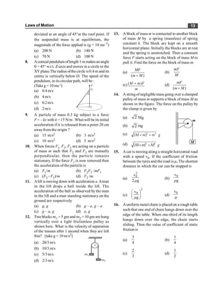 Laws of Motion 13
deviated at an angle of 45°at the roof point. If
the suspended mass is at equilibrium, the
magnitude of the force applied is (g = 10 ms–2
)
(a) 200 N (b) 140 N
(c) 70 N (d) 100 N
8. Aconical pendulum oflength 1 m makesan angle
q = 45° w.r.t. Z-axis and moves in a circle in the
XY plane.The radius ofthecircle is0.4 m and its
centre is vertically below O. The speed of the
pendulum, in its circular path, will be :
(Take g = 10 ms–2
)
(a) 0.4 m/s
q
O
Z
C
(b) 4 m/s
(c) 0.2m/s
(d) 2 m/s
9. A particle of mass 0.3 kg subject to a force
F = – kx with k = 15 N/m .What will beits initial
acceleration if it is released from a point 20 cm
awayfrom the origin ?
(a) 15 m/s2 (b) 3 m/s2
(c) 10 m/s2 (d) 5 m/s2
10. When forces F1, F2, F3 are acting on a particle
of mass m such that F2 and F3 are mutually
perpendicular, then the particle remains
stationary. If the force F1 is now removed then
the acceleration of the particle is
(a) F1/m (b) F2F3 /mF1
(c) (F2 - F3)/m (d) F2 /m.
11. Alift is moving down with acceleration a.Aman
in the lift drops a ball inside the lift. The
acceleration of the ball as observed by the man
in the lift and a man standing stationary on the
ground are respectively
(a) g, g (b) g – a, g – a
(c) g – a, g (d) a, g
12. Two blocks m1 = 5 gm and m2 = 10 gm are hung
vertically over a light frictionless pulley as
shown here. What is the velocity of separation
of the masses after 1 second when they are left
free? [take g = 10 m/s2]
(a) 20/3 m/s
m1
m2
(b) 10/3 m/s
(c) 5/3m/s
(d) 2/3m/s
13. A block of mass m is connected to another block
of mass M by a spring (massless) of spring
constant k. The block are kept on a smooth
horizontal plane. Initially the blocks are at rest
and the spring is unstretched. Then a constant
force F starts acting on the block of mass M to
pull it. Find the force on the block of mass m.
(a)
( )
+
MF
m M
(b)
mF
M
(c) ( )
+
M m F
m
(d)
( )
+
mF
m M
14. A stringof negligible mass going over a clamped
pulley of mass m supports a block of mass M as
shown in the figure. The force on the pulley by
the clamp is given by
(a) 2 Mg
m
M
(b) 2 mg
(c) ( ) g
m
m
M 2
2
+
+
(d) ( ) g
M
m
M 2
2
+
+
15. A car is moving along a straight horizontal road
with a speed v0. If the coefficient of friction
between the tyres and the road is m, The shortest
distance in which the car can be stopped is
(a)
2
0
v
2 g
m
(b)
0
v
g
m
(c)
2
0
v
g
æ ö
ç ÷
è ø
m
(d)
0
v
m
16. A uniform metal chain is placed on a rough table
such that one end of chain hangs down over the
edge of the table. When one-third of its length
hangs down over the edge, the chain starts
sliding. Then the value of coefficient of static
friction is
(a)
3
4
(b)
1
4
(c)
2
3
(d)
1
2
 