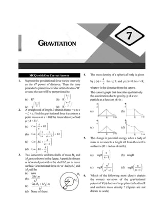 PHYSICS
24
MCQs withOne CorrectAnswer
1. Suppose the gravitational force varies inversely
as the nth power of distance. Then the time
period of a planet in circular orbit of radius ‘R’
around the sun will be proportional to
(a) Rn (b)
÷
ø
ö
ç
è
æ -
2
1
n
R
(c)
÷
ø
ö
ç
è
æ +
2
1
n
R (d)
÷
ø
ö
ç
è
æ -
2
2
n
R
2. A straight rod of length L extends from x = a tox
= L + a. Find the gravitational force it exerts on a
point mass m at x = 0 if the linear density of rod
µ =A + Bx2
.
(a) G
A
m BL
a
é ù
+
ê ú
ë û
(b)
1 1
Gm A BL
a a L
é ù
æ ö
- +
ç ÷
ê ú
è ø
+
ë û
(c)
A
Gm BL
a L
é ù
+
ê ú
+
ë û
(d) G
A
m BL
a
é ù
-
ê ú
ë û
3. Two concentric uniform shells of mass M1 and
M2 are as shown in the figure. Aparticle ofmass
m is located just within the shell M2 on its inner
surface. Gravitational force on ‘m’ due toM1 and
M2 will be
b
a M1
M2
m
(a) zero
(b) 1
2
G
b
M m
(c) 1 2
2
G ( )
b
M M m
+
(d) None of these
4. The mass density of a spherical body is given
by r (r) =
k
r
for r < R and r (r) = 0 for r > R,
where r is the distance from the centre.
The correct graph that describes qualitatively
the acceleration due to gravity, g of a test
particle as a function of r is :
(a)
R r
g
(b)
R r
g
(c)
R r
g
(d)
R r
g
5. The change in potential energy, when a body of
mass m is raised to a height nR from the earth’s
surface is (R = radius of earth)
(a)
÷
÷
ø
ö
ç
ç
è
æ
1
–
n
n
mgR (b) nmgR
(c)
÷
÷
ø
ö
ç
ç
è
æ
+1
n
n
mgR
2
2
(d) ÷
ø
ö
ç
è
æ
+1
n
n
mgR
6. Which of the following most closely depicts
the correct variation of the gravitational
potential V(r) due to a large planet of radius R
and uniform mass density ? (figures are not
drawn to scale)
GRAVITATION
7
 