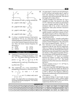 Waves 51
v0
f
(A)
1/v0
f
(B)
The variation of f with v0 is given correctly by:
(a) graph A with slope = 0
s
f
(v + v )
(b) graph B with slope =
0
s
f
(v – v )
(c) graph A with slope = 0
s
f
(v – v )
(d) graph B with slope = 0
s
f
(v + v )
20. A string is stretched between fixed points
separated by 75.0 cm. It is observed to have
resonant frequenciesof420Hz and315 Hz. There
are no other resonant frequencies between these
two. Then, the lowest resonant frequency for
this string is
(a) 105Hz (b) 1.05Hz
(c) 1050Hz (d) 10.5Hz
Numeric Value Answer
21. Equation of a stationaryand a travelling waves
are as follows y1 = a sin kx cos wt and y2 = a sin
(wt – kx). The phase difference between two
points 1
3
x
k
p
= and 2
3
2
x
k
p
= is f1 in the
standing wave (y1) and is f2 in travelling wave
(y2) then ratio 1
2
f
f
is
22. The amplitude of a wave disturbance
propagating in the positive y-direction is given
by
2
1
1
y
x
=
+
at time t = 0 and
( )2
1
1 1
y
x
=
é ù
+ -
ë û
at t = 2 s, where x and y are in
meters. The shape of the wave disturbance does
not change during the propagation. The velocity
of wave in m/s is
23. An organ pipe P1 closed at one end vibrating in
its first overtone and another pipe P2 open at
both ends vibrating in third overtone are in
resonance with a given tuning fork. The ratioof
the length of P1 to that of P2 is
24. A string of length 0.4 m and mass 10–2 kg is
clamped at its ends. The tension in the string
is1.6 N. Identical wave pulses are generated at
one end at regular intervals of time, Dt. The
minimum value of Dt, so that a constructive
interference takes place between successive
pulses is
25. A source of sound offrequency256Hz is moving
rapidly towards a wall with a velocity of 5m/s.
Thespeed of sound is 330 m/s. Ifthe observer is
between the wall and the source, then beats per
second heard will be
26. A bat moving at 10 ms–1 towards a wall sends a
sound signal of 8000 Hz towards it. On reflection
it hears a sound of frequency f. The value of f in
Hz is close to (speed of sound = 320 ms–1)
27. Two whistles A and B produce tones of
frequencies 660 Hz and 596 Hz respectively.
There is a listener at the mid-point of the line
joining them. Now the whistle Band the listener
both start moving with speed 30 m/s awayfrom
the whistle A. If the speed of sound be 330 m/s,
how many beats will be heard by the listener?
28. A wire of density 9 × 10–3 kg cm–3 is stretched
between two clamps 1 m apart. The resulting
strain in the wire is 4.9 × 10–4. The lowest
frequency (in Hz) ofthe transverse vibrations in
the wire is
(Young’s modulus of wire Y = 9 × 1010 Nm–2),
(to the nearest integer), ___________.
29. A one metre long (both ends open) organ pipe
is kept in a gas that has double the density of
air at STP. Assuming the speed of sound in air
at STP is 300 m/s, the frequency difference
between the fundamental and second harmonic
of this pipe is ______ Hz.
30. Two identical strings X and Z made of same
material have tension TX and TZ in them. Iftheir
fundamental frequencies are450Hz and 300Hz,
respectively, then the ratio TX/TZ is:
1 (a) 4 (c) 7 (a) 10 (d) 13 (a) 16 (a) 19 (c) 22 (0.5) 25 (7.7) 28 (35.00)
2 (a) 5 (d) 8 (d) 11 (b) 14 (a) 17 (b) 20 (a) 23 (0.375) 26 (8516) 29 (106)
3 (c) 6 (d) 9 (b) 12 (d) 15 (d) 18 (b) 21 (0.85) 24 (0.1) 27 (4) 30 (2.25)
ANSWER KEY
 