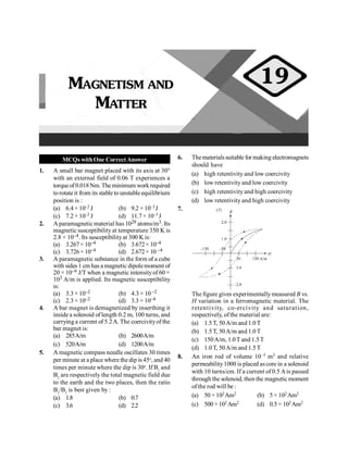 MCQs withOne CorrectAnswer
1. A small bar magnet placed with its axis at 30°
with an external field of 0.06 T experiences a
torqueof0.018Nm.Theminimum workrequired
torotate it from its stable to unstable equilibrium
position is :
(a) 6.4 × 10–2 J (b) 9.2 × 10–3J
(c) 7.2 × 10–2 J (d) 11.7× 10–3 J
2. A paramagnetic material has 1028 atoms/m3. Its
magnetic susceptibility at temperature 350 K is
2.8 × 10–4. Its susceptibilityat 300 K is:
(a) 3.267× 10–4 (b) 3.672× 10–4
(c) 3.726× 10–4 (d) 2.672× 10 –4
3. A paramagnetic substance in the form of a cube
with sides 1 cm has a magnetic dipolemoment of
20 × 10–6 J/T when a magnetic intensityof 60 ×
103 A/m is applied. Its magnetic susceptibility
is:
(a) 3.3 × 10–2 (b) 4.3 × 10 –2
(c) 2.3 × 10–2 (d) 3.3 × 10–4
4. A bar magnet is demagnetized by inserthing it
inside a solenoid of length 0.2 m, 100 turns, and
carrying a current of 5.2A. The coercivityof the
bar magnet is:
(a) 285A/m (b) 2600A/m
(c) 520A/m (d) 1200A/m
5. A magnetic compass needle oscillates 30 times
per minute at a place where the dip is 45o
, and 40
times per minute where the dip is 30o
. If B1
and
B2
are respectively the total magnetic field due
to the earth and the two places, then the ratio
B1
/B2
is best given by :
(a) 1.8 (b) 0.7
(c) 3.6 (d) 2.2
6. Thematerialssuitable for making electromagnets
should have
(a) high retentivity and low coercivity
(b) low retentivity and low coercivity
(c) high retentivity and high coercivity
(d) low retentivity and high coercivity
7.
The figure gives experimentally measured B vs.
H variation in a ferromagnetic material. The
retentivity, co-ercivity and saturation,
respectively, ofthe material are:
(a) 1.5T, 50A/m and 1.0T
(b) 1.5T, 50A/m and 1.0T
(c) 150A/m, 1.0Tand 1.5T
(d) 1.0T, 50A/m and 1.5T
8. An iron rod of volume 10–3 m3 and relative
permeability1000 is placed as core in a solenoid
with 10 turns/cm. If a current of 0.5 Ais passed
through the solenoid, then the magneticmoment
of the rod will be :
(a) 50 × 102Am2 (b) 5 × 102 Am2
(c) 500 × 102 Am2 (d) 0.5 × 102Am2
MAGNETISM AND
MATTER
19
 