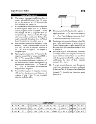 Magnetism and Matter 69
Numeric Value Answer
21. A bar magnet is demagnetized by inserthing it
inside a solenoid of length 0.2 m, 100 turns,
and carrying a current of 5.2 A. The coercivity
(in A/m) of the bar magnet is:
22. Atsomelocationon earththehorizontalcomponent
of earth’s magnetic field is 18 × 10–6
T. At this
location, magnetic needle of length 0.12 m and
pole strength 1.8 Am is suspended from its
mid-point using a thread, it makes 45° angle
with horizontal in equilibrium. To keep this
needle horizontal, the vertical force (in N) that
should be applied at one of its ends is:
23. A paramagnetic substance in the form of a cube
with sides 1 cm has a magnetic dipolemoment of
20 × 10–6 J/T when a magnetic intensity of
60 × 103 A/m is applied. Its magnetic
susceptibility is:
24. A paramagnetic material has 1028 atoms/m3. Its
magnetic susceptibility at temperature 350 K is
2.8 × 10–4. Its susceptibilityat 300 K is:
25. If the dipole moment of magnet is 0.4 amp – m2
and the force acting on each pole in a uniform
magnetic field ofinduction 3.2 × 10–5 Weber/m2
is 5.12 × 10–5 N, the distance (in cm) between
the poles of the magnet is
26. Two short bar magnets of magnetic moments
1000 Am2 are placed as shown at the corners of
a square of side 10 cm. The net magnetic
induction (in Tesla) at Pis
N S
N S
P
27. The magnetic field of earth at the equator is
approximately4 × 10–5 T. The radius of earth is
6.4 × 106 m. Then the dipole moment (in A-m2)
of the earth will be nearly of the order of
28. Two tangent galvanometers having coils of the
same radius are connected in series. A current
flowing in them produces deflections of 60º and
45º respectively. The ratioofthe number ofturns
in the coils is
29. Two short magnets with their axes horizontal
and perpendicular to the magnetic maridian are
placed with their centres 40 cm east and 50 cm
west of magnetic needle. If the needle remains
undeflected, the ratio of their magnetic
moments M1 : M2 is
30. A certain amount of current when flowing in a
properly set tangent galvanometer, produces a
deflection of 45°. If the current be reduced by a
factor of 3 , the deflection (in degree) would
decrease by
1 (c) 4 (b) 7 (d) 10 (b) 13 (a) 16 (a) 19 (a) 22 (6.5×10
–5
) 25 (25) 28 ( )
2 (a) 5 (Bonus) 8 (b) 11 (b) 14 (d) 17 (c) 20 (a) 23 (3.3×10
–4
) 26 (0.1) 29 (0.51)
3 (d) 6 (b) 9 (d) 12 (b) 15 (d) 18 (c) 21 (2600) 24 (3.266×10
–4
) 27 (10
23
) 30 (15)
ANSWER KEY
3
 