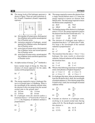 PHYSICS
90
10. The energy levels of the hydrogen spectrum is
shown in figure. There are some transitions A,
B, C, D andE.TransitionA,Band C respectively
represent
n = 5
n = 4
n = 3
n = 2
n = 6
n = 1
n = ¥ – 0.00 eV
– 0.36 eV
– 0.54 eV
– 0.85 eV
– 1.51 eV
– 3.39 eV
– 13.5 eV
A
B
C
D
E
(a) first member ofLyman series, third spectral
lineofBalmer seriesand the second spectral
line of Paschen series
(b) ionization potential of hydrogen, second
spectral line ofBalmer series, third spectral
line of Paschen series
(c) series limit of Lyman series, third spectral
line of Balmer series and second spectral
line of Paschen series
(d) serieslimit ofLyman series, second spectral
line of Balmer series and third spectral line
of Paschen series
11. An alpha nucleus of energy
2
1
2
mv bombards a
heavy nuclear target of charge Ze. Then the
distance of closest approach for the alpha
nucleus will be proportional to
(a) v2 (b)
1
m
(c) 2
1
v
(d)
Ze
1
12. The energy required to ionise a hydrogen like
ion in its ground state is 9 Rydbergs. What is
the wavelength of the radiation emitted when
the electron in this ion jumps from the second
excited state to the ground state?
(a) 24.2nm (b) 11.4nm
(c) 35.8nm (d) 8.6 nm
13. In a hydrogen atom the electron makes a
transition from (n + 1)th level to the nth level. If
n >> 1, the frequency of radiation emitted is
proportional to :
(a)
1
n
(b) 3
1
n
(c) 2
1
n
(d) 4
1
n
14. The energyrequired to remove the electron from
a singly ionized Helium atom is 2.2 times the
energy required to remove an electron from
Helium atom. The total energyrequired toionize
theHelium atom completelyis:
(a) 20eV (b) 79eV
(c) 109eV (d) 34eV
15. The binding energyofthe electron in a hydrogen
atom is 13.6 eV, the energy required to remove
theelectron from thefirst excited state ofLi++ is:
(a) 122.4eV (b) 30.6eV
(c) 13.6eV (d) 3.4eV
16. The electron of a hydrogen atom makes a
transition from the (n + 1)th orbit to the nth orbit.
For large n the wavelength of the emitted
radiation is proportional to
(a) n (b) n3
(c) n4 (d) n2
17. The transition from the state n = 4 to n = 3 in a
hydrogen like atom results in ultraviolet
radiation. Infrared radiation will be obtained in
the transition from :
(a) 3 ® 2 (b) 4 ® 2
(c) 5 ® 4 (d) 2 ® 1
18. Which of the following transitions in hydrogen
atoms emit photons of highest frequency?
(a) n = 1 to n = 2 (b) n = 2 to n = 6
(c) n = 6 to n = 2 (d) n = 2 to n = 1
19. In a hydrogen like atom, when an electron jumps
from the M-shell to the L-shell, the wavelength
ofemittedradiation isl. Ifan electron jumpsfrom
N-shell to the L-shell, the wavelength ofemitted
radiation will be:
(a)
27
20
l (b)
16
25
l
(c)
25
16
l (d)
20
27
l
20. Consider an electron in a hydrogen atom,
revolving in its second excited state (having
radius 4.65 Å). The de-Broglie wavelength of
this electron is :
(a) 3.5 Å (b) 6.6 Å
(c) 12.9 Å (d) 9.7 Å
 