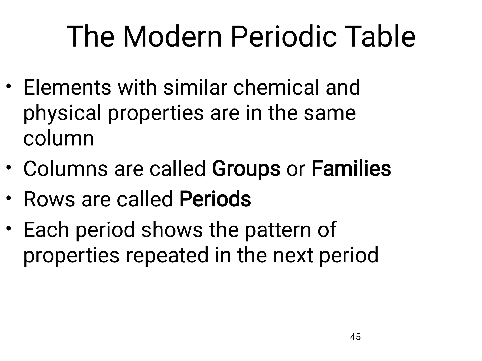 The Modern Periodic Table
45
•
•
•
•
Elements with similar chemical and
physical properties are in the same
column
Columns are called Groups or Families
Rows are called Periods
Each period shows the pattern of
properties repeated in the next period
 