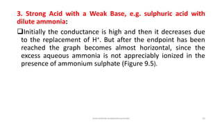 3. Strong Acid with a Weak Base, e.g. sulphuric acid with
dilute ammonia:
Initially the conductance is high and then it d...