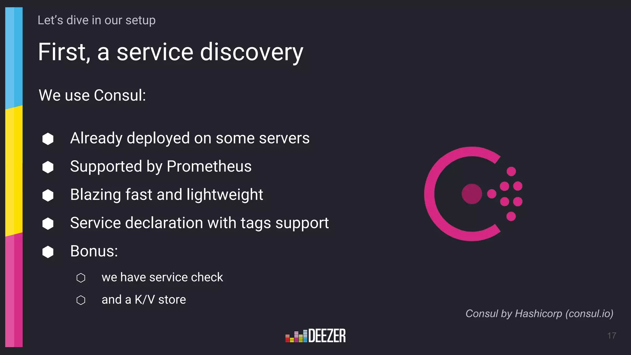 First, a service discovery
17
We use Consul:
⬢ Already deployed on some servers
⬢ Supported by Prometheus
⬢ Blazing fast and lightweight
⬢ Service declaration with tags support
⬢ Bonus:
⬡ we have service check
⬡ and a K/V store
Let’s dive in our setup
Consul by Hashicorp (consul.io)
 