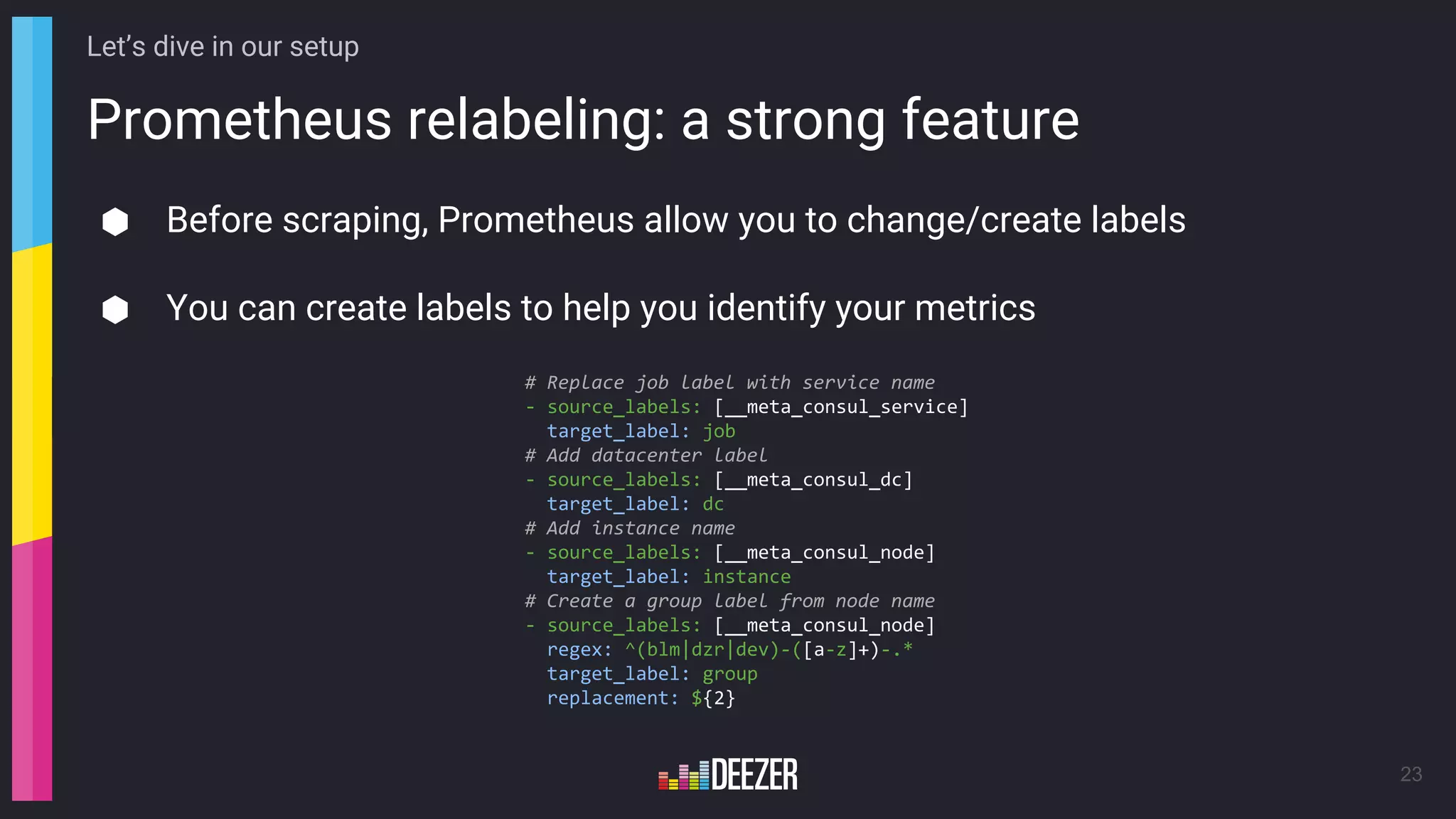 Prometheus relabeling: a strong feature
23
Let’s dive in our setup
⬢ Before scraping, Prometheus allow you to change/create labels
⬢ You can create labels to help you identify your metrics
# Replace job label with service name
- source_labels: [__meta_consul_service]
target_label: job
# Add datacenter label
- source_labels: [__meta_consul_dc]
target_label: dc
# Add instance name
- source_labels: [__meta_consul_node]
target_label: instance
# Create a group label from node name
- source_labels: [__meta_consul_node]
regex: ^(blm|dzr|dev)-([a-z]+)-.*
target_label: group
replacement: ${2}
 