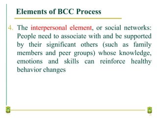 Elements of BCC Process
4. The interpersonal element, or social networks:
People need to associate with and be supported
by their significant others (such as family
members and peer groups) whose knowledge,
emotions and skills can reinforce healthy
behavior changes
29
 