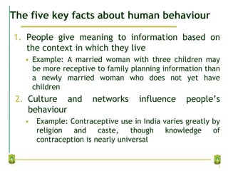 The five key facts about human behaviour
1. People give meaning to information based on
the context in which they live
• Example: A married woman with three children may
be more receptive to family planning information than
a newly married woman who does not yet have
children
2. Culture and networks influence people’s
behaviour
• Example: Contraceptive use in India varies greatly by
religion and caste, though knowledge of
contraception is nearly universal
4
 