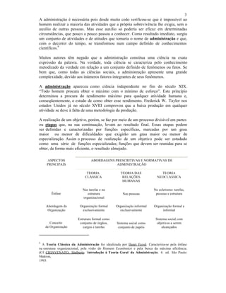 3
A administração é necessária pois desde muito cedo verificou-se que é impossível ao
homem realizar a maioria das atividades que a própria sobrevivência lhe exigia, sem o
auxílio de outras pessoas. Mas esse auxílio só poderia ser eficaz em determinadas
circunstâncias, que pouco a pouco passou a conhecer. Como resultado imediato, surgiu
um conjunto de atividades e de atitudes que tomaria o nome de administração e que,
com o decorrer do tempo, se transformou num campo definido de conhecimentos
científicos.
6
Muitos autores têm negado que a administração constitua uma ciência na exata
expressão da palavra. Na verdade, toda ciência se caracteriza pelo conhecimento
metodizado da verdade em relação a um conjunto definido de fenômenos ou fatos. Se
bem que, como todas as ciências sociais, a administração apresente uma grande
complexidade, devido aos inúmeros fatores integrantes de seus fenômenos.
A administração apareceu como ciência independente no fim do século XIX.
“Todo homem procura obter o máximo com o mínimo de esforço”. Este princípio
determinou a procura do rendimento máximo para qualquer atividade humana e,
conseqüentemente, o estudo de como obter esse rendimento. Frederick W. Taylor nos
estados Unidos já no século XVIII comprovou que a baixa produção em qualquer
atividade se deve à falta de uma metodologia da produção.
A realização de um objetivo, porém, se faz por meio de um processo divisível em partes
ou etapas que, na sua continuação, levam ao resultado final. Essas etapas podem
ser definidas e caracterizadas por funções específicas, marcadas por um grau
maior ou menor de dificuldades que exigirão um grau maior ou menor de
especialização. Assim o processo de realização de um objetivo pode ser estudado
como uma série de funções especializadas; funções que devem ser reunidas para se
obter, da forma mais eficiente, o resultado almejado.
ASPECTOS
PRINCIPAIS
ABORDAGENS PRESCRITIVAS E NORMATIVAS DE
ADMINISTRAÇÃO
TEORIA
CLÁSSICA
TEORIA DAS
RELAÇÕES
HUMANAS
TEORIA
NEOCLÁSSICA
Ênfase
Nas tarefas e na
estrutura
organizacional
Nas pessoas
No ecletismo: tarefas,
pessoas e estrutura
Abordagem da
Organização
Organização formal
exclusivamente
Organização informal
exclusivamente
Organização formal e
informal
Conceito
de Organização
Estrutura formal como
conjunto de órgãos,
cargos e tarefas
Sistema social como
conjunto de papéis
Sistema social com
objetivos a serem
alcançados
6
A Teoria Clássica da Administração foi idealizada por Henri Fayol. Caracteriza-se pela ênfase
na estrutura organizacional, pela visão do Homem Econômico e pela busca da máxima eficiência.
(Cf. CHIAVENATO, Idalberto. Introdução à Teoria Geral da Administração. 4. ed. São Paulo:
Makron,
1993.
 