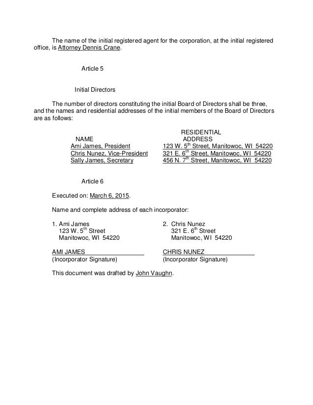 Letter Of Incorporation Sample