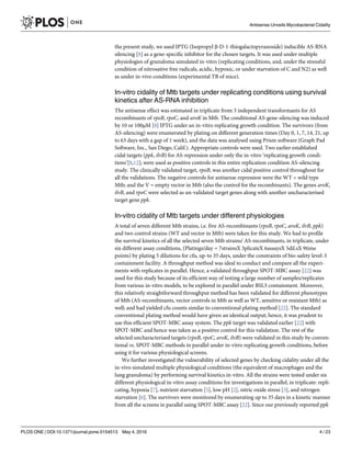 the present study, we used IPTG (Isopropyl β-D-1-thiogalactopyranoside) inducible AS-RNA
silencing [8] as a gene-specific inhibitor for the chosen targets. It was used under multiple
physiologies of granuloma simulated in-vitro (replicating conditions, and, under the stressful
condition of nitrosative free radicals, acidic, hypoxic, or under starvation of C and N2) as well
as under in-vivo conditions (experimental TB of mice).
In-vitro cidality of Mtb targets under replicating conditions using survival
kinetics after AS-RNA inhibition
The antisense effect was estimated in triplicate from 3 independent transformants for AS
recombinants of rpoB, rpoC, and aroK in Mtb. The conditional AS-gene-silencing was induced
by 10 or 100μM [8] IPTG under an in-vitro replicating growth condition. The survivors (from
AS-silencing) were enumerated by plating on different generation times (Day 0, 1, 7, 14, 21, up
to 63 days with a gap of 1 week), and the data was analysed using Prism software (Graph Pad
Software, Inc., San Diego, Calif.). Appropriate controls were used. Two earlier established
cidal targets (ppk, ilvB) for AS-repression under only the in-vitro ‘replicating growth condi-
tions’[8,12]; were used as positive controls in this entire replication condition AS-silencing
study. The clinically validated target, rpoB, was another cidal positive control throughout for
all the validations. The negative controls for antisense repression were the WT = wild type
Mtb; and the V = empty vector in Mtb (also the control for the recombinants). The genes aroK,
ilvB, and rpoC were selected as un-validated target genes along with another uncharacterised
target gene ppk.
In-vitro cidality of Mtb targets under different physiologies
A total of seven different Mtb strains, i.e. five AS-recombinants (rpoB, rpoC, aroK, ilvB, ppk)
and two control strains (WT and vector in Mtb) were taken for this study. We had to profile
the survival kinetics of all the selected seven Mtb strains/ AS-recombinants, in triplicate, under
six different assay conditions, (Platings/day = 7strainsX 3plicateX 6assaysX 5dil.sX 9time
points) by plating 5 dilutions for cfu, up-to 35 days, under the constraints of bio-safety level-3
containment facility. A throughput method was ideal to conduct and compare all the experi-
ments with replicates in parallel. Hence, a validated throughput SPOT-MBC assay [22] was
used for this study because of its efficient way of testing a large number of samples/replicates
from various in-vitro models, to be explored in parallel under BSL3 containment. Moreover,
this relatively straightforward throughput method has been validated for different phenotypes
of Mtb (AS-recombinants, vector controls in Mtb as well as WT, sensitive or resistant Mtb) as
well; and had yielded cfu counts similar to conventional plating method [22]. The standard
conventional plating method would have given an identical output; hence, it was prudent to
use this efficient SPOT-MBC assay system. The ppk target was validated earlier [22] with
SPOT-MBC and hence was taken as a positive control for this validation. The rest of the
selected uncharacterised targets (rpoB, rpoC, aroK, ilvB) were validated in this study by conven-
tional vs. SPOT-MBC methods in parallel under in-vitro replicating growth conditions, before
using it for various physiological screens.
We further investigated the vulnerability of selected genes by checking cidality under all the
in-vivo simulated multiple physiological conditions (the equivalent of macrophages and the
lung granuloma) by performing survival kinetics in-vitro. All the strains were tested under six
different physiological in-vitro assay conditions for investigations in parallel, in triplicate: repli-
cating, hypoxia [7], nutrient starvation [5], low pH [2], nitric oxide stress [3], and nitrogen
starvation [6]. The survivors were monitored by enumerating up to 35 days in a kinetic manner
from all the screens in parallel using SPOT-MBC assay [22]. Since our previously reported ppk
Antisense Unveils Mycobacterial Cidality
PLOS ONE | DOI:10.1371/journal.pone.0154513 May 4, 2016 4 / 23
 
