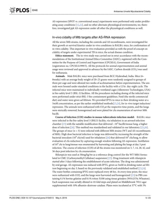 AS-repression (SPOT vs. conventional assay) experiments were performed only under prolifer-
ating assay conditions [12,22], and no other alternate physiological environments; we, there-
fore, investigated ppk AS-repression under all other the physiological conditions as well.
In-vivo cidality of Mtb targets after AS-RNA repression
All the seven Mtb strains, including the controls and AS recombinants, were investigated for
their growth or survival kinetics under in-vivo conditions in BALB/c mice, for confirmation of
in-vitro cidality. This important in-vivo evaluation provided us with the proof of concept on
cidality of targets under experimental TB in mice, the actual disease condition.
Ethics statement. The in-vivo study was carried out in strict accordance with the recom-
mendations of the Institutional Animal Ethics Committee (IAEC), registered with the Com-
mittee for the Purpose of Control and Supervision (CPCSEA), Government of India
(registration no. CPCSEA1999/5). All the protocols for animal experimentation and animal
usage were reviewed and approved in advance by the IAEC. Carbon dioxide (CO2) was used
for euthanasia.
Animals. Male BALB/c mice were purchased from RCC Hyderabad, India. Mice (6–
8weeks) with an average body weight of 20–25 grams were randomly assigned to groups of
three per cage and were allowed two weeks of acclimatisation before experimentation. The ani-
mals were housed under standard conditions in the facility with a 12 hr. day-night cycle. The
infected mice were maintained in individually ventilated cages (Allentown Technologies, USA)
in bio-safety level 3 (BSL-3) facilities. All the procedures including dosing of the infected mice
were performed under strict BSL-3 bio-containment guidelines. Feed (the sterile commercial
diet) and water were given ad libitum. We provided IPTG to mice in their drinking water at a
5mM concentration, as per the earlier established methods[23,24], for in-vivo target induction/
repression. The animals were euthanized with CO2at the respective time points, and the lungs
were sterically removed, homogenised and were plated for cfu enumeration of survivor Mtb
bacilli.
Course of Infection (COI) studies in mouse-tuberculosis infection model. BALB/c mice
were infected in the bio-safety level 3 (BSL3) facility, via inhalation in an aerosol infection
chamber [25] with the suitable modification that delivered ~104
bacilli/mouse lung, a higher
dose of infection [26]. This method was standardised and validated in our laboratory [25,26].
The groups of mice (n = 3) were infected with different Mtb strains (WT and AS-recombinants
of Mtb). High dose bacterial infection to lungs was delivered by increasing the strength of the
bacterial inoculum (109
cfu/ml) used for inhalation [26] that delivered 104
cfu/lung, to allow
evaluation of cfu reduction by capturing enough window following AS-repression. Instillation
of 104
cfu to lung/mouse was enumerated by harvesting and plating the lungs at day 3 post
infection. The course of infection (COI) of all the strains was monitored on 3, 7, 14, 28, 42, and
56 days post infection by cfu enumeration.
Rifampicin was used at 30mg/kg bw as a reference drug control (for the WT Mtb) formu-
lated in CMC (Carboxymethyl Cellulose) suspension [25]. Drug treatment with rifampicin
started after 3 days following the establishment of acute infection. The drug was administered
by oral gavage. AS-repression was induced with IPTG, given as 5mM in drinking water ad libi-
tum beginning on day 3, based on the previously validated and established method [23,24].
The water bottles containing IPTG were replaced every 48 hrs. At every time point, the mice
were euthanized with CO2, and the lungs were harvested and homogenized [25] in PBS con-
taining 0.1% bovine gelatine and 0.1% triton-X100 using tissue grinders (W012576; Wheaton).
Each suspension was serially diluted in 10-fold steps and plated on Middlebrook 7H11 agar
supplemented with 10% albumin-dextrose-catalase. Plates were incubated at 37°C with 5%
Antisense Unveils Mycobacterial Cidality
PLOS ONE | DOI:10.1371/journal.pone.0154513 May 4, 2016 5 / 23
 
