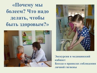 «Почему мы
болеем? Что надо
делать, чтобы
быть здоровым?»
Экскурсия в медицинский
кабинет
Беседа о правилах соблюдения
личной гигиены
 