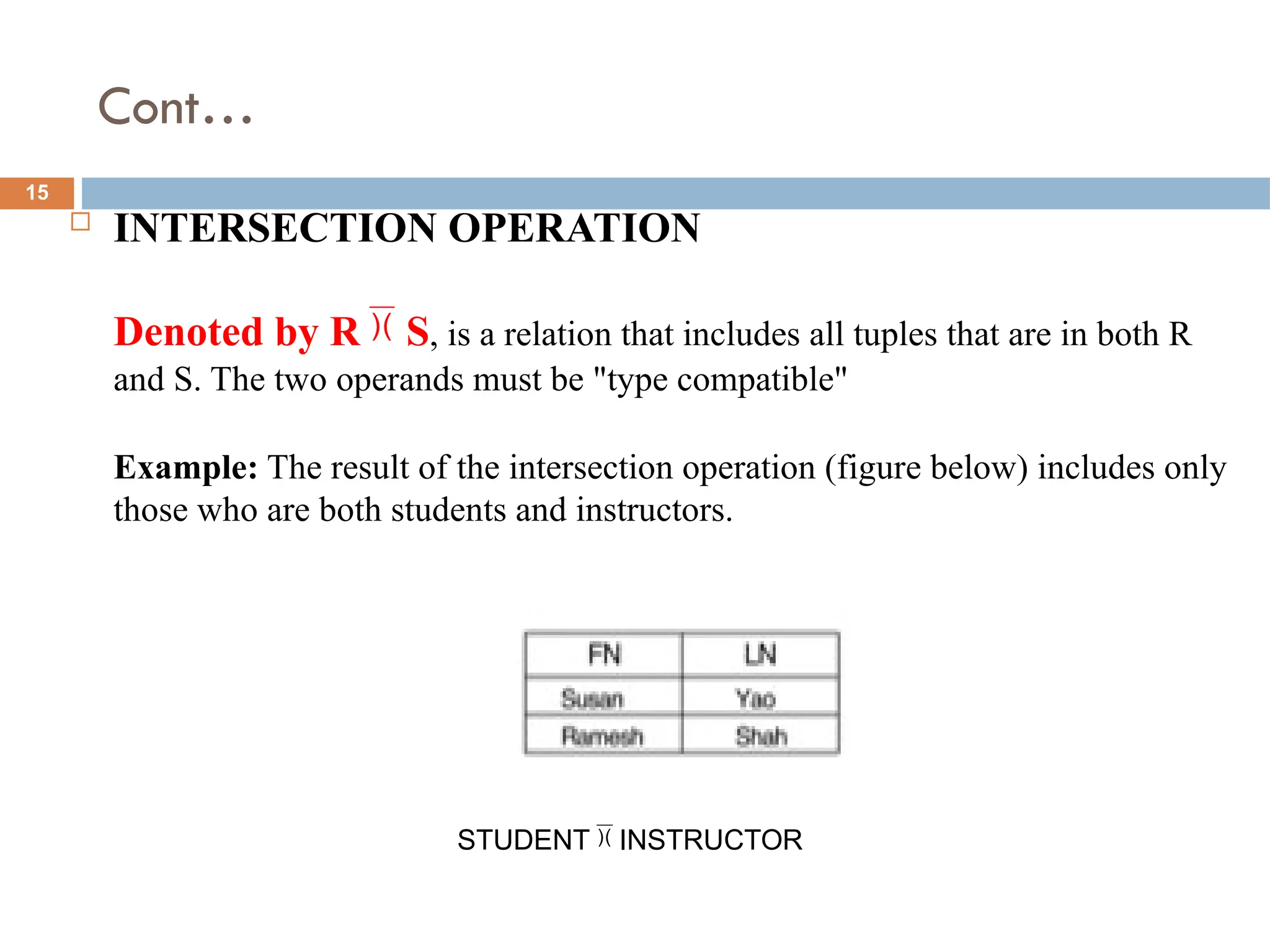 Cont…
 INTERSECTION OPERATION
Denoted by R  S, is a relation that includes all tuples that are in both R
and S. The two operands must be "type compatible"
Example: The result of the intersection operation (figure below) includes only
those who are both students and instructors.
STUDENT  INSTRUCTOR
15
 