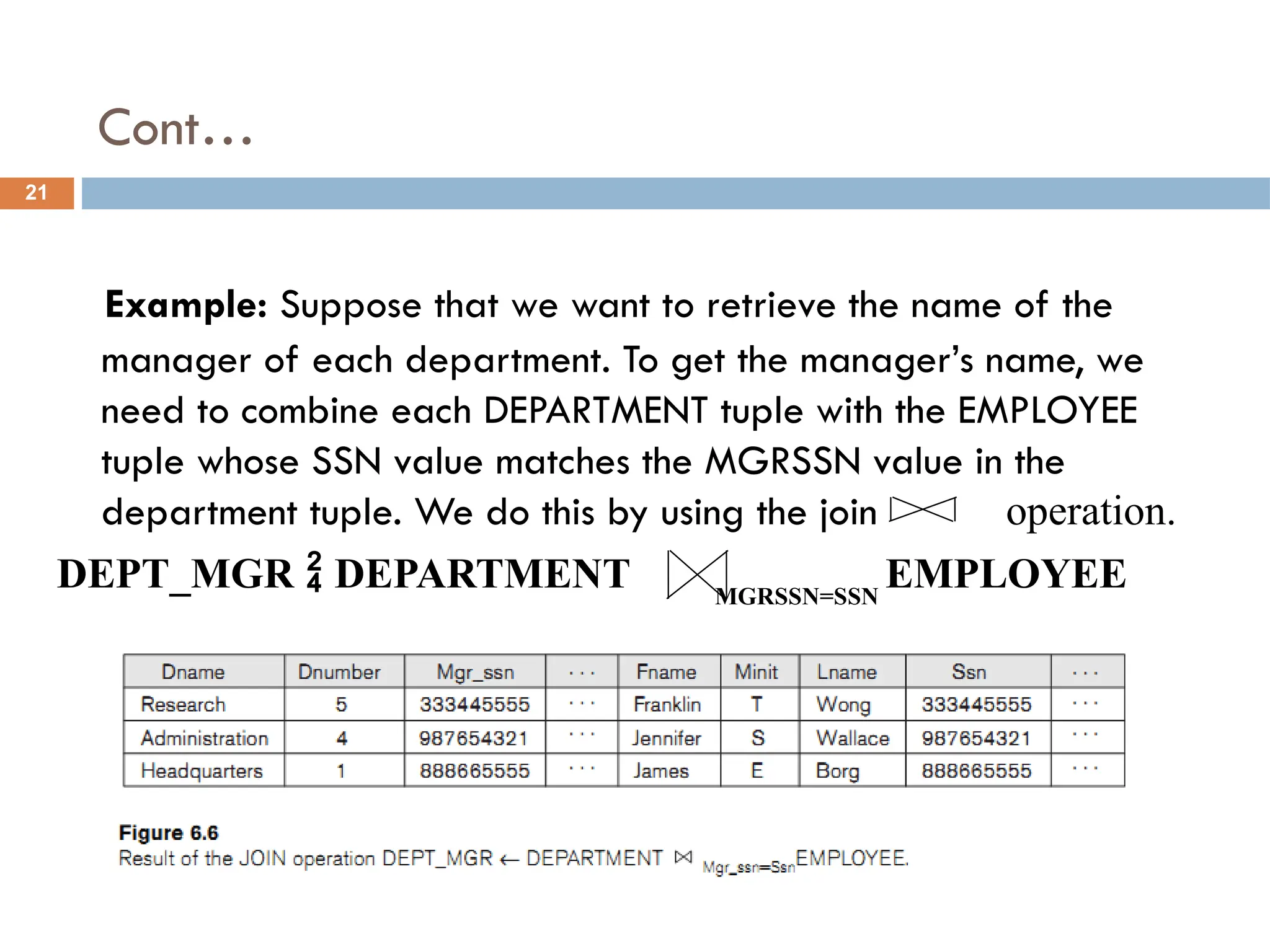 Cont…
Example: Suppose that we want to retrieve the name of the
manager of each department. To get the manager’s name, we
need to combine each DEPARTMENT tuple with the EMPLOYEE
tuple whose SSN value matches the MGRSSN value in the
department tuple. We do this by using the join operation.
DEPT_MGR  DEPARTMENT MGRSSN=SSN
EMPLOYEE
21
 