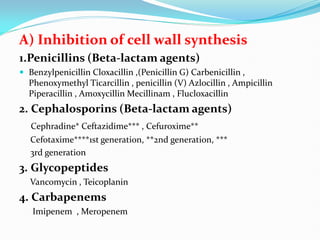 A) Inhibition of cell wall synthesis
1.Penicillins (Beta-lactam agents)
 Benzylpenicillin Cloxacillin ,(Penicillin G) Carbenicillin ,
Phenoxymethyl Ticarcillin , penicillin (V) Azlocillin , Ampicillin
Piperacillin , Amoxycillin Mecillinam , Flucloxacillin
2. Cephalosporins (Beta-lactam agents)
Cephradine* Ceftazidime*** , Cefuroxime**
Cefotaxime****1st generation, **2nd generation, ***
3rd generation
3. Glycopeptides
Vancomycin , Teicoplanin
4. Carbapenems
Imipenem , Meropenem
 