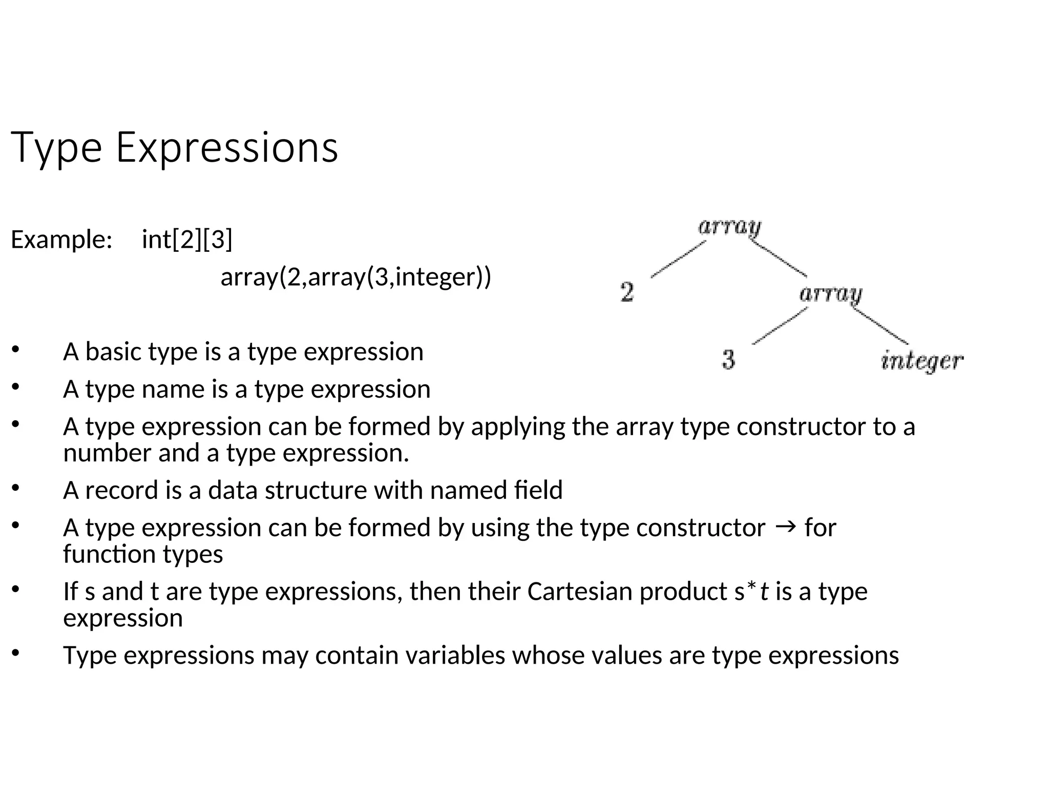 Type Expressions
Example: int[2][3]
array(2,array(3,integer))
• A basic type is a type expression
• A type name is a type expression
• A type expression can be formed by applying the array type constructor to a
number and a type expression.
• A record is a data structure with named field
• A type expression can be formed by using the type constructor  for
function types
• If s and t are type expressions, then their Cartesian product s*t is a type
expression
• Type expressions may contain variables whose values are type expressions
 