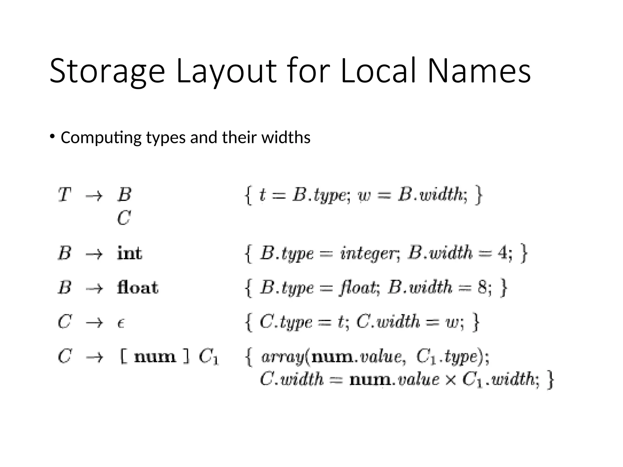 Storage Layout for Local Names
• Computing types and their widths
 