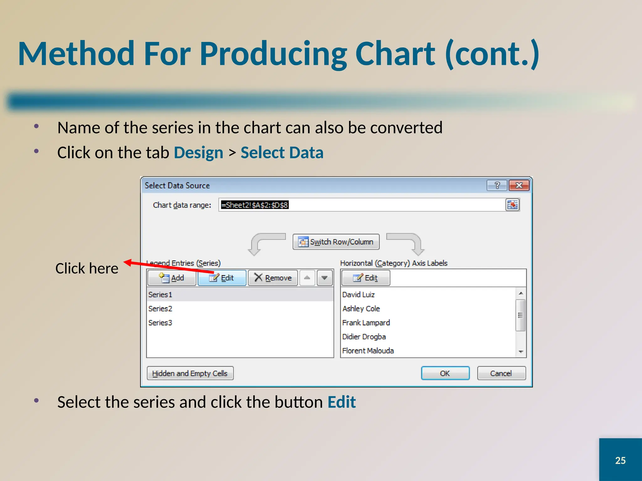 25
Method For Producing Chart (cont.)
• Name of the series in the chart can also be converted
• Click on the tab Design > Select Data
• Select the series and click the button Edit
Click here
 