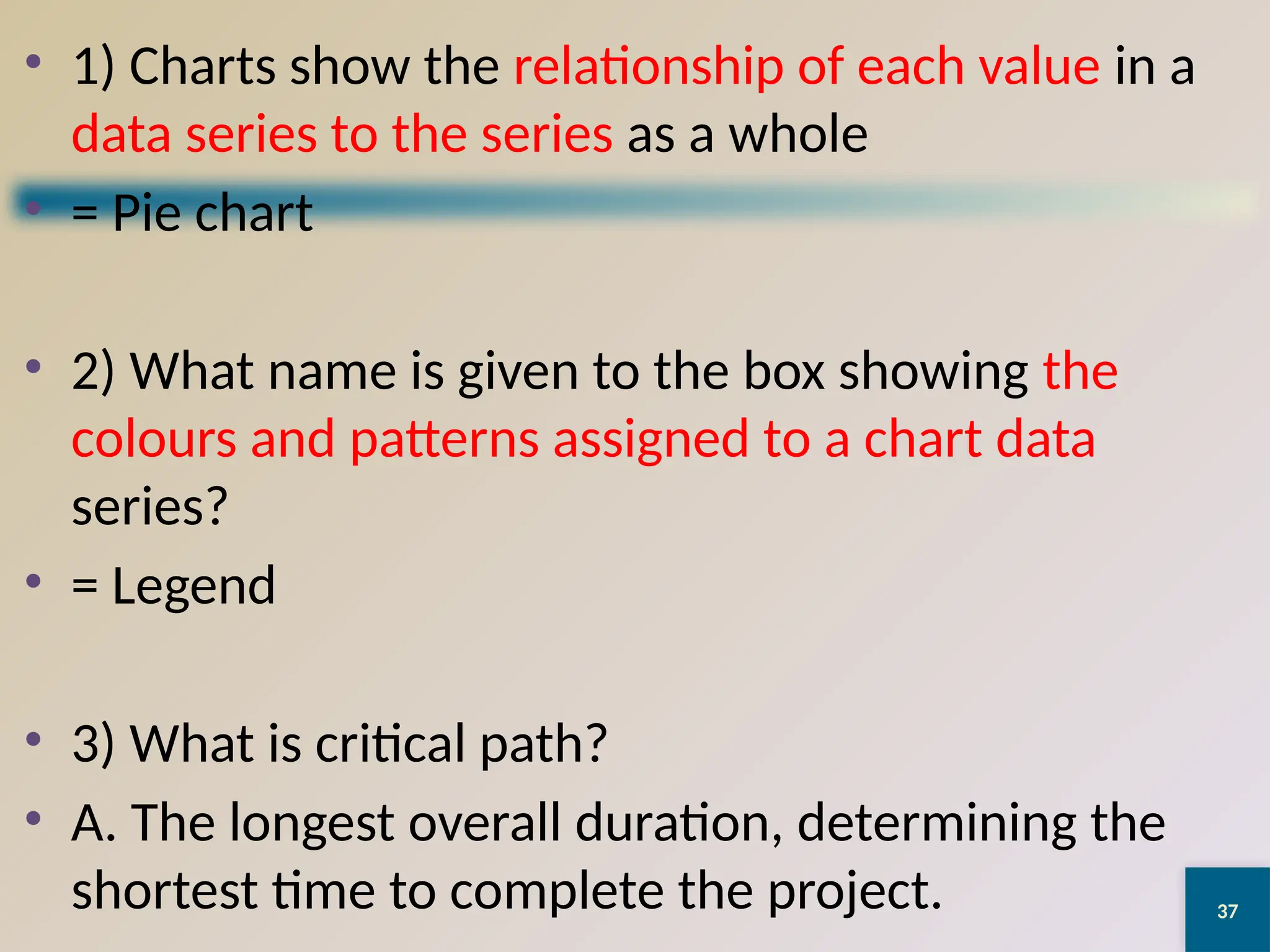 37
• 1) Charts show the relationship of each value in a
data series to the series as a whole
• = Pie chart
• 2) What name is given to the box showing the
colours and patterns assigned to a chart data
series?
• = Legend
• 3) What is critical path?
• A. The longest overall duration, determining the
shortest time to complete the project.
 