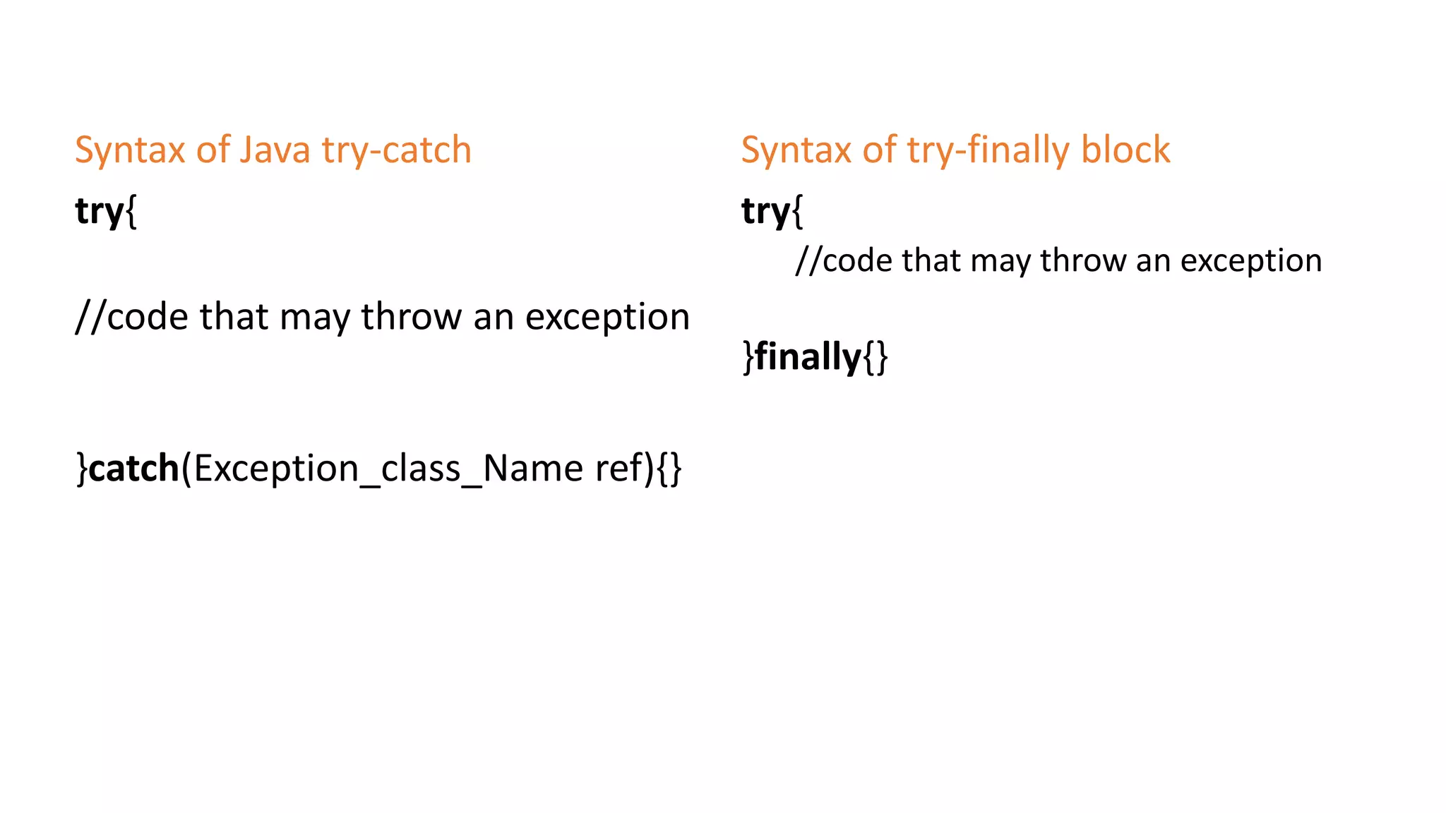 Syntax of Java try-catch
try{
//code that may throw an exception
}catch(Exception_class_Name ref){}
Syntax of try-finally block
try{
//code that may throw an exception
}finally{}
 