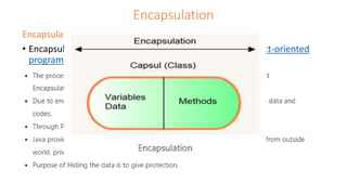 Encapsulation
Encapsulation
• Encapsulation is one of the fundamental concepts in object-oriented
programming (OOP).
 