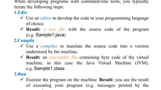 Editing, Compiling and Interpreting
When developing programs with command-line tools, you typically
iterate the following steps:
1.Edit:
 Use an editor to develop the code in your programming language
of choice.
 Result: a text file with the source code of the program
(e.g. Sample1.java)
2.Compile
 Use a compiler to translate the source code into a version
understood by the machine.
 Result: an executable file containing byte code of the virtual
machine, in this case the Java Virtual Machine (JVM),
e.g. Sample1.class
3.Run
 Execute the program on the machine. Result: you see the result
of executing your program (e.g. messages printed by the
 