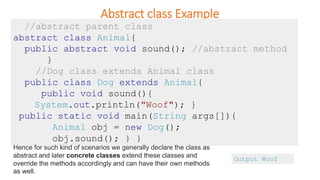 Abstract class Example
//abstract parent class
abstract class Animal{
public abstract void sound(); //abstract method
}
//Dog class extends Animal class
public class Dog extends Animal{
public void sound(){
System.out.println("Woof"); }
public static void main(String args[]){
Animal obj = new Dog();
obj.sound(); } }
Output Woof
Hence for such kind of scenarios we generally declare the class as
abstract and later concrete classes extend these classes and
override the methods accordingly and can have their own methods
as well.
 
