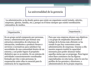 La universalidad de la gerencia
La administración se da donde quiera que existe un organismo social (estado, ejército,
empresas, iglesias, familia, etc.), porque en él tiene siempre que existir coordinación
sistemática de medios.
Organización Importancia
Es un grupo social compuesto por personas,
tareas y administración que forman una
estructura sistemática de relaciones de
interacción, tendientes a producir bienes o
servicios o normativas para satisfacer las
necesidades de una comunidad dentro de un
entorno, y así poder lograr el propósito
distintivo que es su misión. Es un sistema de
actividades conscientemente coordinadas
formado por dos o más personas; la
cooperación entre ellas es esencial para la
existencia de la organización.
Para que una empresa alcance sus objetivos
y su grupo de empleados desarrolle el
trabajo de la forma más eficiente se ha
creado lo que hoy conocemos como
administración de empresas. Gracias a ella
nuestro negocio tendrá la capacidad
necesaria para poder alcanzar todas
aquellas metas que se proponga. Para lograr
estos fines contamos con las figuras
especializadas en esta tarea, como lo son los
perfiles de los gerentes y directores, o
administradores de la propia empresa.
 