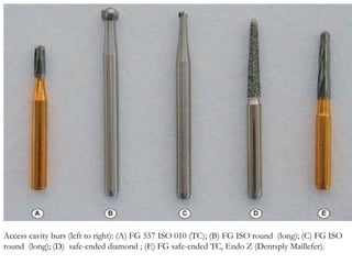 Access cavity burs (left to right): (A) FG 557 ISO 010 (TC); (B) FG ISO round (long); (C) FG ISO
round (long); (D) safe-ended diamond ; (E) FG safe-ended TC, Endo Z (Dentsply Maillefer).
 