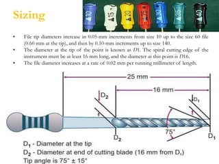 Sizing
• File tip diameters increase in 0.05-mm increments from size 10 up to the size 60 file
(0.60 mm at the tip), and then by 0.10-mm increments up to size 140.
• The diameter at the tip of the point is known as D1. The spiral cutting edge of the
instrument must be at least 16 mm long, and the diameter at this point is D16.
• The file diameter increases at a rate of 0.02 mm per running millimeter of length.
 