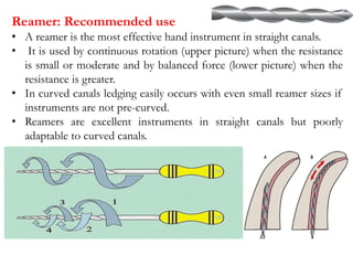 Reamer: Recommended use
• A reamer is the most effective hand instrument in straight canals.
• It is used by continuous rotation (upper picture) when the resistance
is small or moderate and by balanced force (lower picture) when the
resistance is greater.
• In curved canals ledging easily occurs with even small reamer sizes if
instruments are not pre-curved.
• Reamers are excellent instruments in straight canals but poorly
adaptable to curved canals.
 