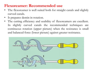 Flexoreamer: Recommended use
• The flexoreamer is well suited both for straight canals and slightly
curved canals.
• It prepares dentin in rotation.
• The cutting efficiency and usability of flexoreamers are excellent.
In slightly curved canals the recommended techniques are
continuous rotation (upper picture) when the resistance is small
and balanced force (lower picture) against greater resistance.
 