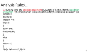 Analysis Rules…
3. Running time of a selection statement (if, switch) is the time for the condition
evaluation + the maximum of the running times for the individual clauses in the
selection.
Example:
int sum = 0;
if(a>b)
{
sum= a+b;
Cout>>sum;
}
else
{
cout<<b;
}
T(n)= 1+1+max(3,1) =5 18
 