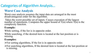 Categories of Algorithm Analysis…
Worst Case Analysis
Worst case analysis assumes the input data are arranged in the most
disadvantageous order for the algorithm.
Takes the worst possible set of inputs. Causes execution of the largest
number of statements. Computes the upper bound of T(n) where T(n) is the
complexity function.
Example:
While sorting, if the list is in opposite order.
While searching, if the desired item is located at the last position or is
missing.
Examples:
For sorting algorithms, If the list is in opposite order.
For searching algorithms, If the desired item is located at the last position or
is missing.
27
 