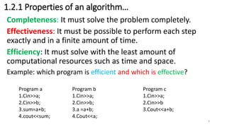 1.2.1 Properties of an algorithm…
Completeness: It must solve the problem completely.
Effectiveness: It must be possible to perform each step
exactly and in a finite amount of time.
Efficiency: It must solve with the least amount of
computational resources such as time and space.
Example: which program is efficient and which is effective?
Program a
1.Cin>>a;
2.Cin>>b;
3.sum=a+b;
4.cout<<sum;
Program b
1.Cin>>a;
2.Cin>>b;
3.a =a+b;
4.Cout<<a;
Program c
1.Cin>>a;
2.Cin>>b
3.Cout<<a+b;
9
 