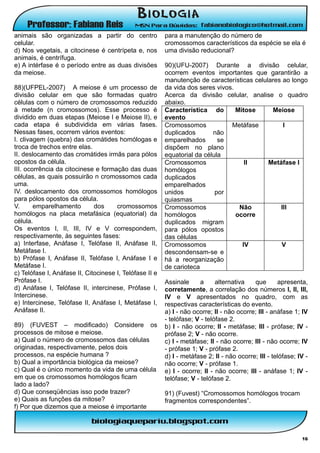 animais são organizadas a partir do centro               para a manutenção do número de
celular.                                                 cromossomos característicos da espécie se ela é
d) Nos vegetais, a citocinese é centrípeta e, nos        uma divisão reducional?
animais, é centrífuga.
e) A intérfase é o período entre as duas divisões        90)(UFU-2007) Durante a divisão celular,
da meiose.                                               ocorrem eventos importantes que garantirão a
                                                         manutenção de características celulares ao longo
88)(UFPEL-2007) A meiose é um processo de                da vida dos seres vivos.
divisão celular em que são formadas quatro               Acerca da divisão celular, analise o quadro
células com o número de cromossomos reduzido             abaixo.
à metade (n cromossomos). Esse processo é                Característica do        Mitose     Meiose
dividido em duas etapas (Meiose I e Meiose II), e        evento
cada etapa é subdividida em várias fases.                Cromossomos            Metáfase         I
Nessas fases, ocorrem vários eventos:                    duplicados       não
I. clivagem (quebra) das cromátides homólogas e          emparelhados       se
troca de trechos entre elas.                             dispõem no plano
II. deslocamento das cromátides irmãs para pólos         equatorial da célula
opostos da célula.                                       Cromossomos                 II     Metáfase I
III. ocorrência da citocinese e formação das duas        homólogos
células, as quais possuirão n cromossomos cada           duplicados
uma.                                                     emparelhados
IV. deslocamento dos cromossomos homólogos               unidos            por
para pólos opostos da célula.                            quiasmas
V.      emparelhamento        dos     cromossomos        Cromossomos               Não          III
homólogos na placa metafásica (equatorial) da            homólogos                ocorre
célula.                                                  duplicados migram
Os eventos I, II, III, IV e V correspondem,              para pólos opostos
respectivamente, às seguintes fases:                     das células
a) Interfase, Anáfase I, Telófase II, Anáfase II,        Cromossomos                IV          V
Metáfase I.                                              descondensam-se e
b) Prófase I, Anáfase II, Telófase I, Anáfase I e        há a reorganização
Metáfase I.                                              de carioteca
c) Telófase I, Anáfase II, Citocinese I, Telófase II e
Prófase I.                                               Assinale      a     alternativa   que       apresenta,
d) Anáfase I, Telófase II, intercinese, Prófase I,       corretamente, a correlação dos números I, II, III,
Intercinese.                                             IV e V apresentados no quadro, com as
e) Intercinese, Telófase II, Anáfase I, Metáfase I,      respectivas características do evento.
Anáfase II.                                              a) I - não ocorre; II - não ocorre; III - anáfase 1; IV
                                                         - telófase; V - telófase 2.
89) (FUVEST – modificado) Considere os                   b) I - não ocorre; II - metáfase; III - prófase; IV -
processos de mitose e meiose.                            prófase 2; V - não ocorre.
a) Qual o número de cromossomos das células              c) I - metáfase; II - não ocorre; III - não ocorre; IV
originadas, respectivamente, pelos dois                  - prófase 1; V - prófase 2.
processos, na espécie humana ?                           d) I - metáfase 2; II - não ocorre; III - telófase; IV -
b) Qual a importância biológica da meiose?               não ocorre; V - prófase 1.
c) Qual é o único momento da vida de uma célula          e) I - ocorre; II - não ocorre; III - anáfase 1; IV -
em que os cromossomos homólogos ficam                    telófase; V - telófase 2.
lado a lado?
d) Que conseqüências isso pode trazer?                   91) (Fuvest) “Cromossomos homólogos trocam
e) Quais as funções da mitose?                           fragmentos correspondentes”.
f) Por que dizemos que a meiose é importante



                                                                                                              16
 