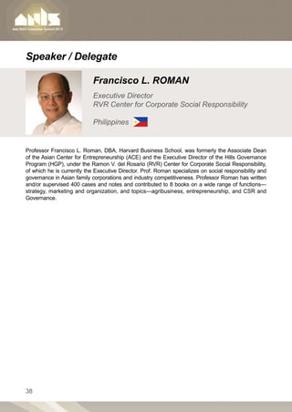 Speaker / Delegate

                            Francisco L. ROMAN
                            Executive Director
                            RVR Center for Corporate Social Responsibility

                            Philippines


Professor Francisco L. Roman, DBA, Harvard Business School, was formerly the Associate Dean
of the Asian Center for Entrepreneurship (ACE) and the Executive Director of the Hills Governance
Program (HGP), under the Ramon V. del Rosario (RVR) Center for Corporate Social Responsibility,
of which he is currently the Executive Director. Prof. Roman specializes on social responsibility and
governance in Asian family corporations and industry competitiveness. Professor Roman has written
and/or supervised 400 cases and notes and contributed to 8 books on a wide range of functions—
strategy, marketing and organization, and topics—agribusiness, entrepreneurship, and CSR and
Governance.




38
 