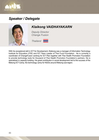 Speaker / Delegate

                             Klaikong VAIDHAYAKARN
                             Deputy Director
                             Change Fusion

                             Thailand


With his exceptional skill in ICT for Development, Klaikong was a manager of Information Technology
Institute for Education (ITIE) and ICT Team Leader of Thai Fund Foundation. He is currently a
coordinator of ChangeFusion working for ICT Plan together with Thai Health Promotion Foundation
to provide technology tools for thousand of Thai Health Promotion Foundation’s partners. He is
specialized in capacity building. His great contribution in social development led to the success of the
Mekong ICT Camp, the technology camp for NGOs around Mekong sub-region.




46
 