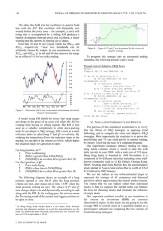 The ideas that hold true for oscillators in general hold
true with the RSI. The oscillator will frequently turn
around before the price does – for example, a price still
rising that is accompanied by a falling RSI produces a
bearish divergence between price and oscillator, a major
warning that the uptrend is running out of steam.
Note that 70 and 30 are typical values for RSImax and
RSImin respectively. These two thresholds can be
arbitrarily chosen by traders. In our experiments, we set
RSImax and RSImin to be 60 and 40 that narrows the range
by an offset of 10 for less-risky trading.
Figure 5. Illustration of RSI and its maximum and minimum thresholds
(Source: Investopedia)
A trader using RSI should be aware that large surges
and drops in the price of an asset will affect the RSI by
creating false buying or selling signals. The RSI is best
used as a valuable complement to other stock-picking
tools. In our adaptive P&Q strategy, RSI is used as a main
reference index in calculating P' and Q' in real-time. By
studying the interaction of how the indicator reacts to the
market, we can derive the criteria as follow, which depict
the situation ready for a position to open
For long position, at P'
1. Price is advancing
2. RSI(t) is greater than EMA(RSI(t))
3. EMA(RSI(t)) is less than 40 or greater then 60
For short position, at Q'
1. Price is declining
2. RSI(t) is less than it EMA(RSI(t))
3. EMA(RSI(t)) is less than 40 or greater then 60
The following diagram shows an example of a long
position opened at time 10:35 after the long position
criteria are met, and closed out at time 13:361
when the
short position criteria are met. The values of P' and Q'
now change adaptively and dynamically according to and
along with the RSI. As the trading goes, the criteria assess
the fluctuating trend of the market and trigger positions to
be open or close.
1
In Hong Kong stock market there’s a two hours break between
morning and afternoon sessions, to avoid this discontinuation on the
chart, we shifted the time backward, and joined this two sessions into
one, so 13:36 is equivalent to 15:36.
Figure 6. Figure 6. P' and Q' are determined by the criteria of
adaptive strategy.
To program this strategy into an automated trading
simulator, the following pseudo-code is used:
Pseudo code of Adaptive P&Q Rules
Repeat
Compute RSI(t) and EMA(RSI(t))
If price is advancing at t
If RSI(t)>EMA(RSI(t)) and
40<EMA(RSI(t))>60
If no position opened
Open a long position, P'
Else if short position opened
Close out short position, Q'
Else if price is declining at t
If RSI(t)<EMA(RSI(t)) and
40<EMA(RSI(t))>60
If no position opened
Open a short position, Q'
Else if long position opened
Close out long position, P'
If end of market
Close all opened position
Until Market Close
VI. SIMULATION EXPERIMENTS AND RESULTS
The purpose of this simulation experiment is to verify
that the effects of P&Q strategies in applying trend
following, and to compare the static and adaptive P&Q
strategies. Most importantly the simulator is to prove the
possibilities that TF can yield profits in market trading,
by strictly following the rules in a computer program.
Our experiment simulates intraday trading on Hang
Sang future contract, which is stored in data file with
daily records in year 2008; with a total size of 355 days.
Hang Seng Index is founded in 1969 November, it is
composed of 36 different securities including some well-
known companies such as Li Ka Shing's Cheung Kong,
HSBC holdings and China Mobile. It is the second largest
stock market in Asia in total capital that is worth of USD
$1.6 trillion by 2007 January.
We use the indices as our to-be-estimated target to
represent the average of all companies and balanced
portfolios which approximates the overall market returns.
The reason that we use indices rather than individual
stocks is that we suppose the market index can balance
the bias for choosing stocks and eliminate the influence
of single stock.
One important resultant variable in our simulation is
the returns on investment (ROI) on common
shareholder's equity. In this study, we are going to use the
average ROI of overall stock in a specified market as a
performance indicator for comparing the two variants of
trend following strategies.
140 JOURNAL OF EMERGING TECHNOLOGIES IN WEB INTELLIGENCE, VOL. 3, NO. 2, MAY 2011
© 2011 ACADEMY PUBLISHER
 