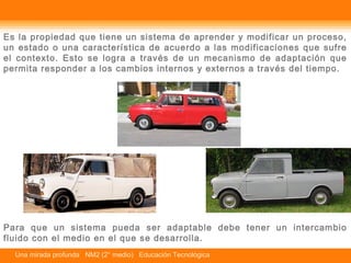 Es la propiedad que tiene un sistema de aprender y modificar un proceso, 
un estado o una característica de acuerdo a las modificaciones que sufre 
el contexto. Esto se logra a través de un mecanismo de adaptación que 
permita responder a los cambios internos y externos a través del tiempo. 
Para que un sistema pueda ser adaptable debe tener un intercambio 
fluido con el medio en el que se desarrolla. 
Una mirada profunda NM2 (2° medio) Educación Tecnológica 
 