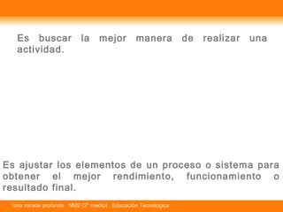 Es buscar la mejor manera de realizar una 
actividad. 
Es ajustar los elementos de un proceso o sistema para 
obtener el mejor rendimiento, funcionamiento o 
resultado final. 
Una mirada profunda NM2 (2° medio) Educación Tecnológica 
 